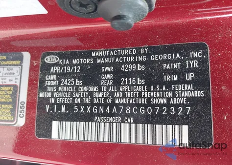 2012 Kia Optima Ex from USA, damaged, VIN 5XXGN4A78CG072327